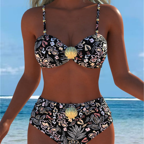 Damen Balconette-Bikini mit hohem Taillen-Schnitt und dekorativem Muschel-Detail EB