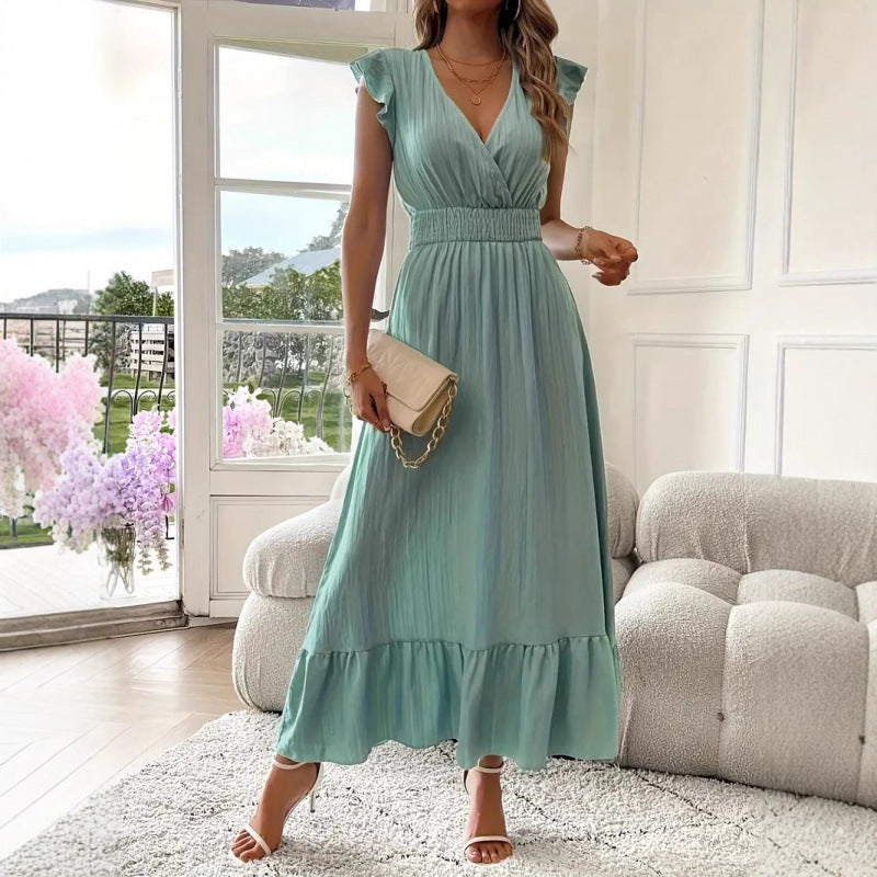 Damen Maxikleid mit voluminösen Rüschenärmel und elegantem Bund EB