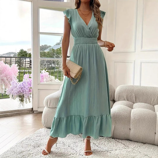Damen Maxikleid mit voluminösen Rüschenärmel und elegantem Bund EB