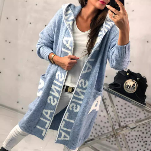 Damen Langarm-Strickcardigan mit Kapuze und praktischen Taschen EB
