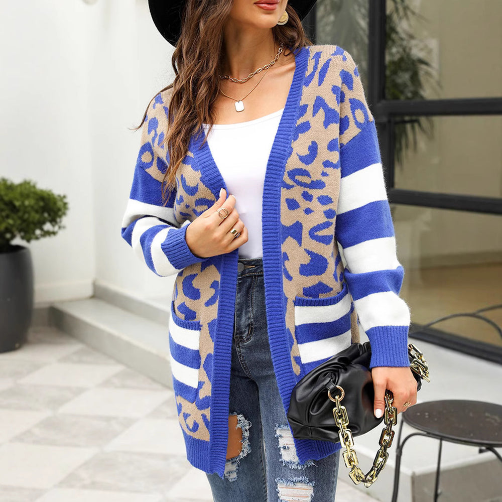 Damen lässige Strickjacke mit leopardenmuster und modernen Streifen EB