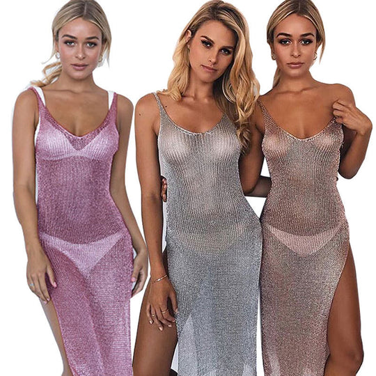 Damen elegantes Strickkleid mit transparentem Design und feinen Trägern EB