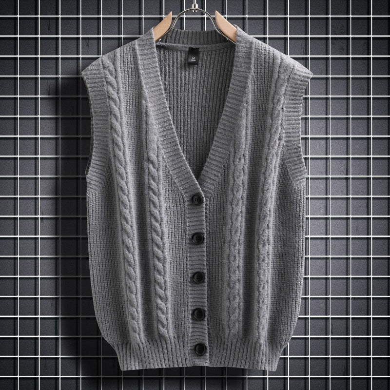 Herren ärmellose Strickjacke mit Zopfmuster und Knopfdetails EB