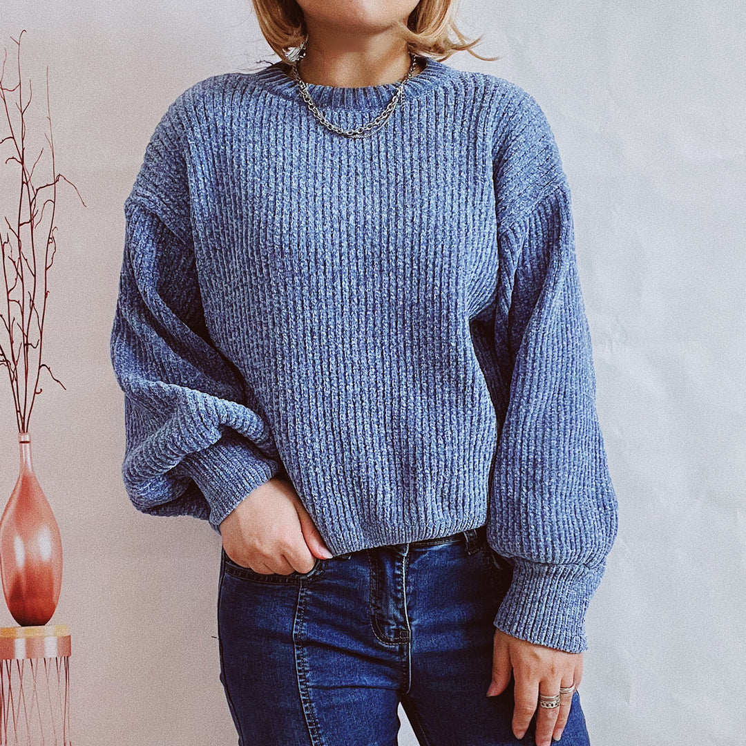Damen Grobstrickpullover mit romantischem Rippenmuster und weiten Ärmeln EB