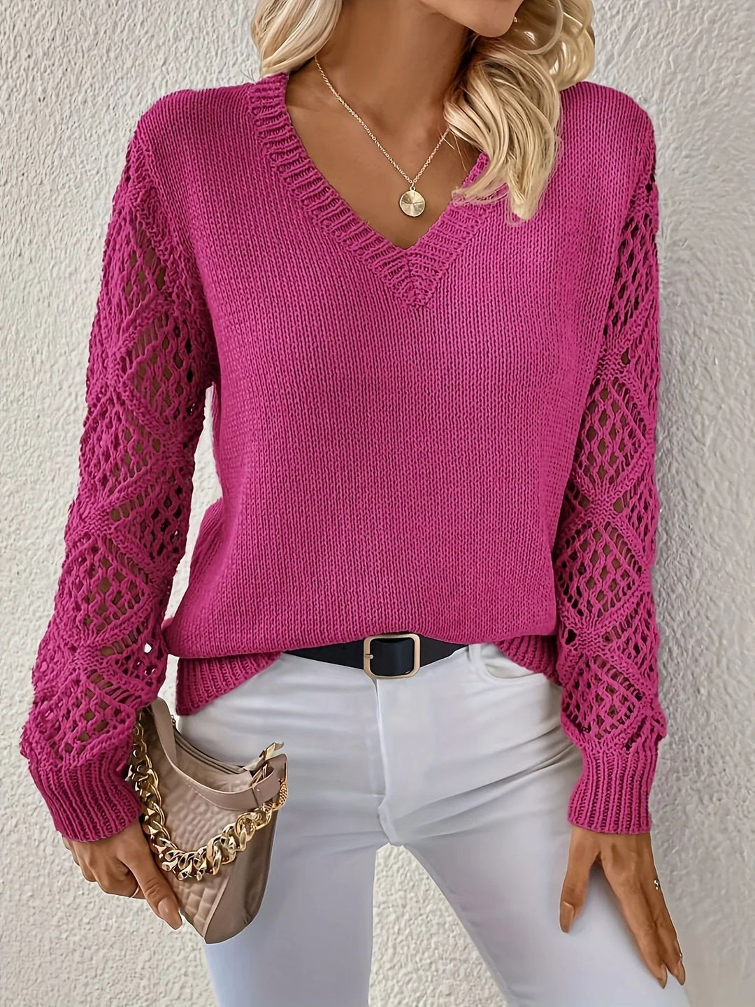 Damen Eleganter Strickpullover mit V-Ausschnitt und gehäkelten Ärmeln EB