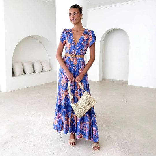 Damen Maxikleid mit tiefem V-Ausschnitt und romantischem Blumenmuster EB