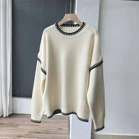 Damen Übergroßer Strickpullover mit Kontrastbündchen EB