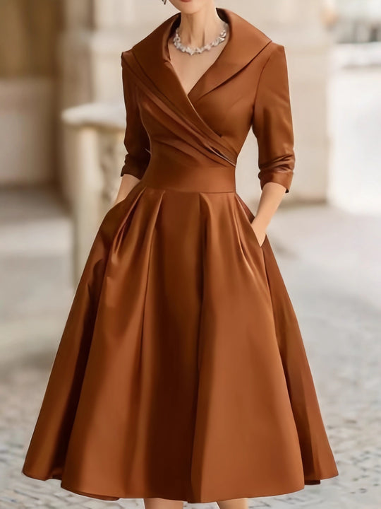 Damen nan elegantes Midikleid mit Wickeloberteil, Dreiviertelärmeln und Eingrifftaschen EB