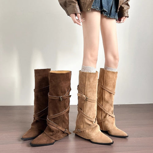 Damen modische hohe Stiefel mit doppeltem Schnallenverschluss und raffiniertem Design EB