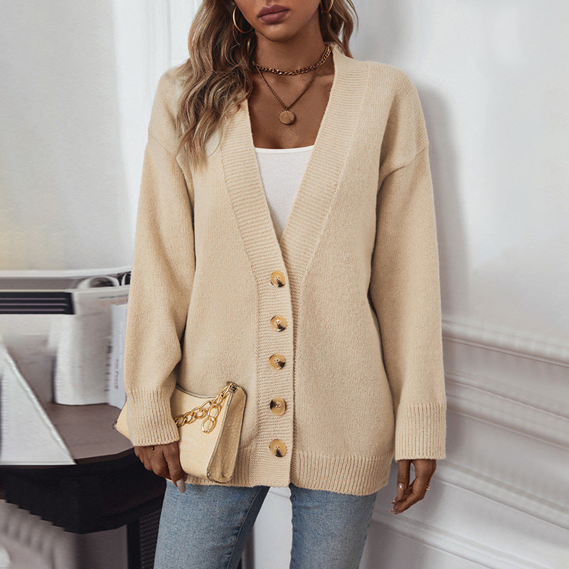 Damen gemütliche Strickjacke mit Knopfdetails und tiefem V-Ausschnitt EB