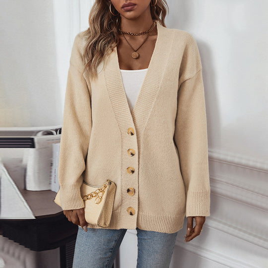 Damen gemütliche Strickjacke mit Knopfdetails und tiefem V-Ausschnitt EB