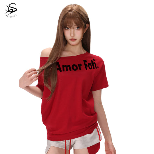 Damen nan asymmetrisches Ein-Schulter-Oberteil mit 'Amor Fati' Typo-Frontprint und Tunnelzugsaum EB