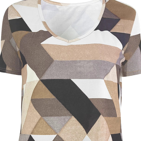 Damen V-Ausschnitt T-Shirt mit geometrischem Muster und weichem Material EB