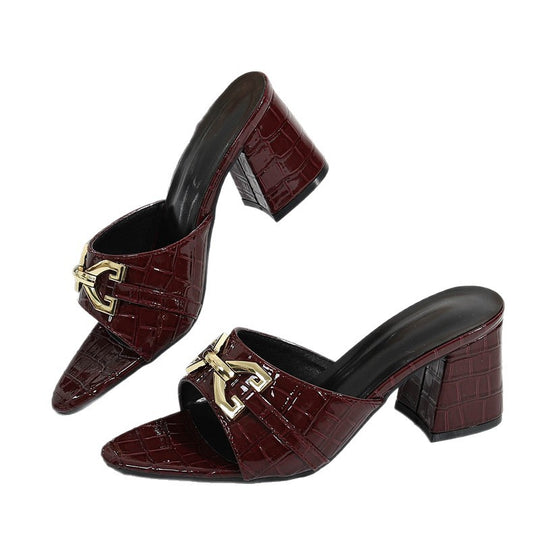 Damen Mules mit Blockabsatz und elegantem Kroko-Design EB