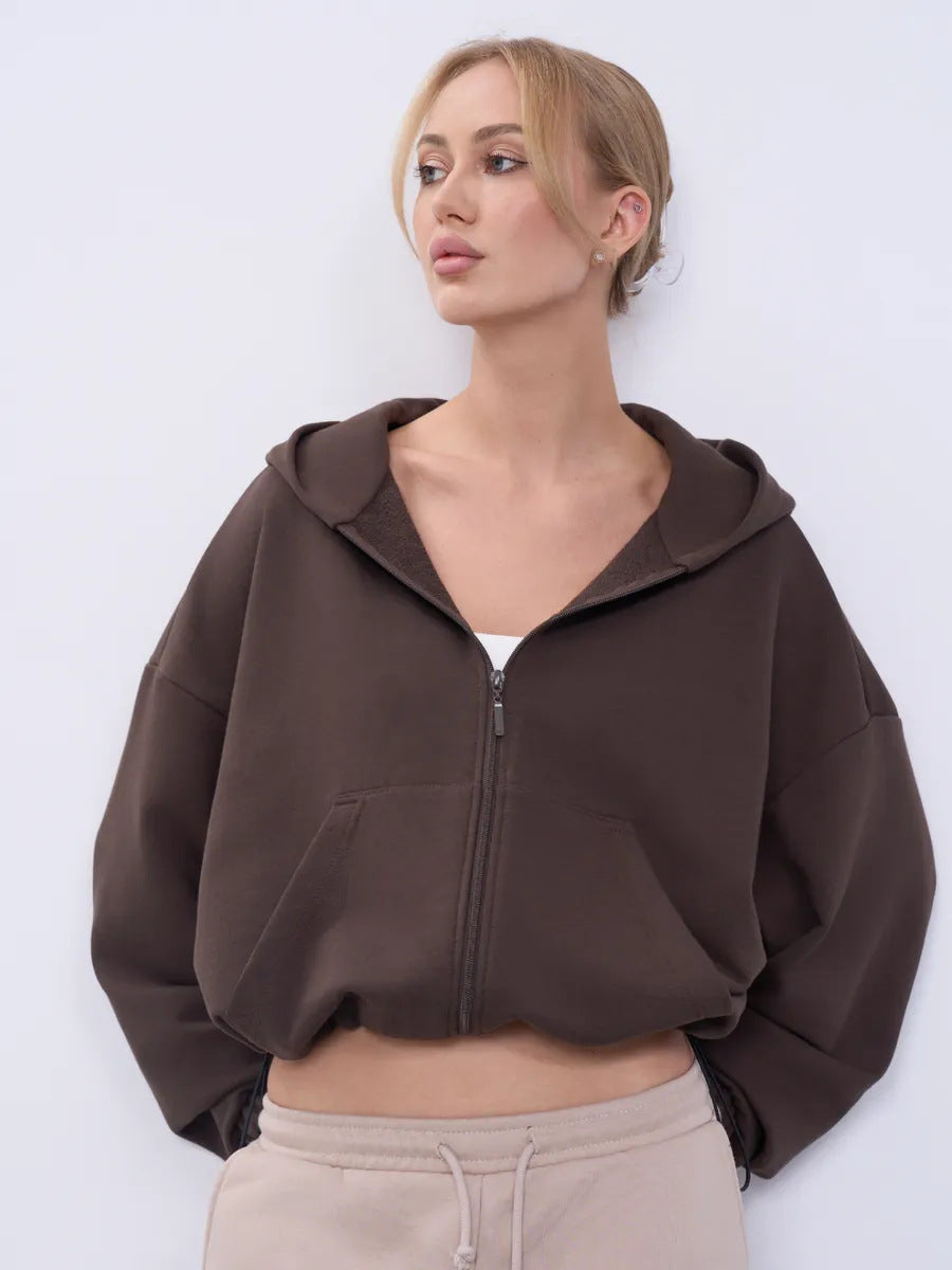 Damen legeres Cropped-Fleece-Hoodie mit Tunnelzugbund, Raglanärmeln und Reißverschluss Eichborn Berlin