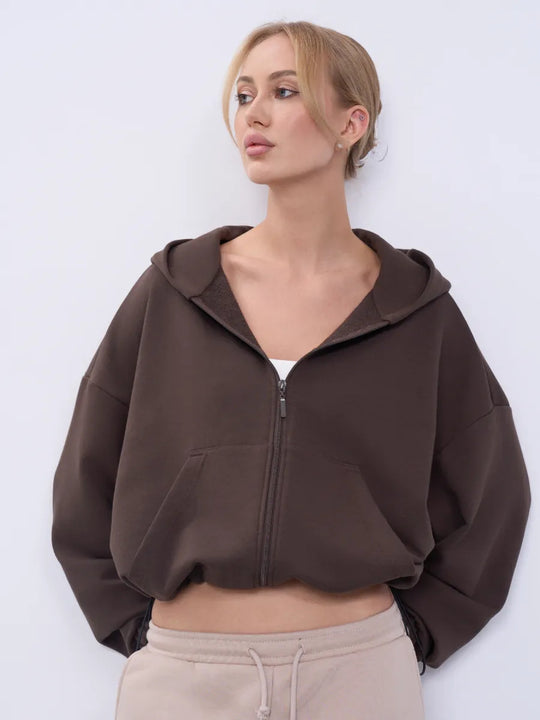 Damen legeres Cropped-Fleece-Hoodie mit Tunnelzugbund, Raglanärmeln und Reißverschluss Eichborn Berlin