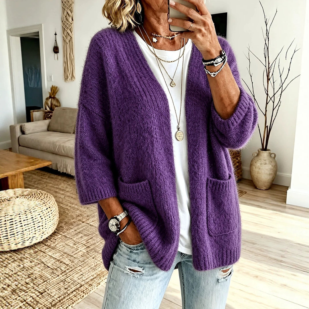 Damen Offener Longcardigan im Mohair-Look mit aufgesetzten Taschen und überschnittener Schulter EB