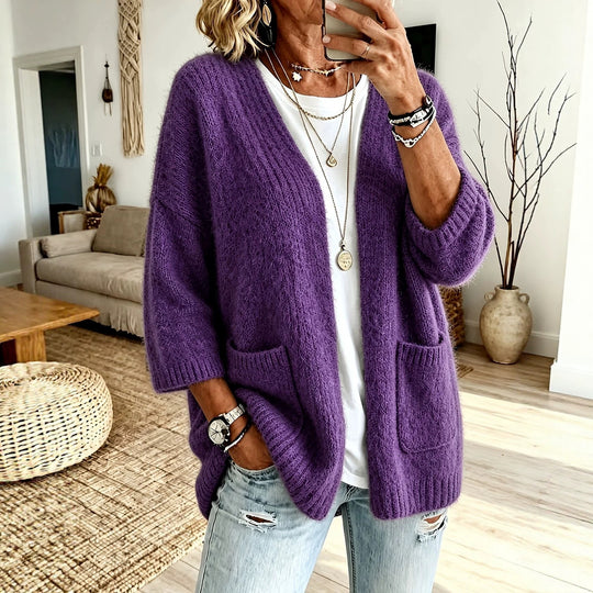 Damen Offener Longcardigan im Mohair-Look mit aufgesetzten Taschen und überschnittener Schulter EB