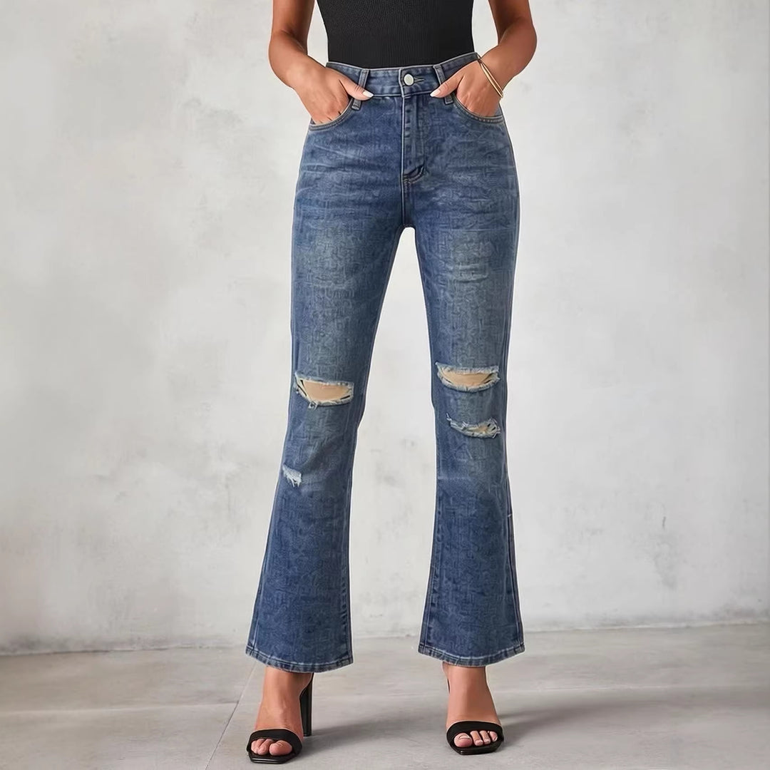 Damen nan High‑Waist Schlagjeans mit Distressed-Kniepartie und strukturierter Denim-Optik EB