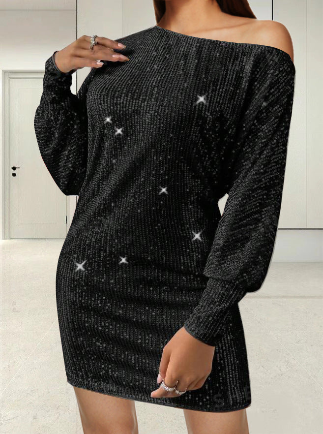 Damen Funkelndes Minikleid mit asymmetrischem Ausschnitt und Ballonärmeln EB