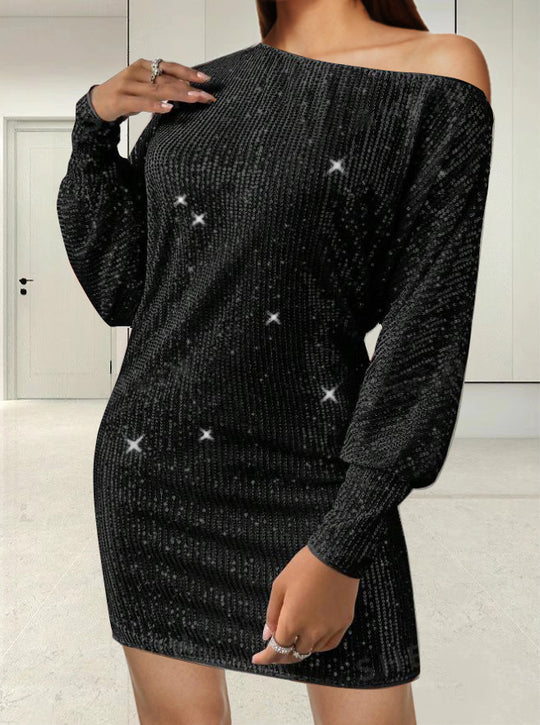 Damen Funkelndes Minikleid mit asymmetrischem Ausschnitt und Ballonärmeln EB