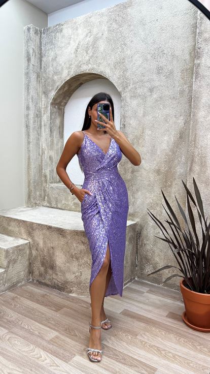Damen Glitzerndes Maxikleid mit seitlichem Schlitz und schimmerndem Obermaterial EB
