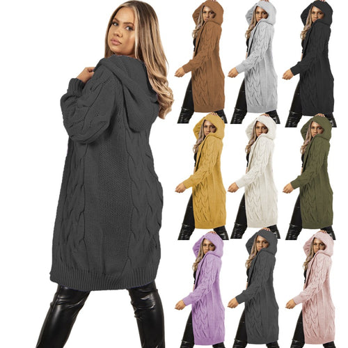 Damen Strickmantel mit Kapuze und Zopfmuster EB