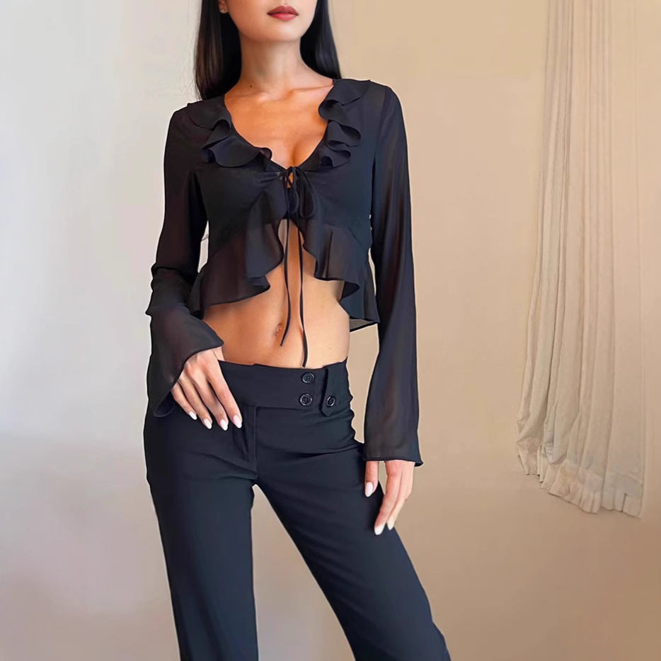 Damen Transparente Langarmbluse mit Rüschen und Bindegürtel EB