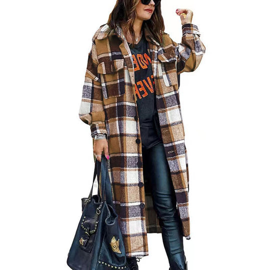 Damen Langarm-Wolljacke mit Karomuster und praktischen Taschen EB
