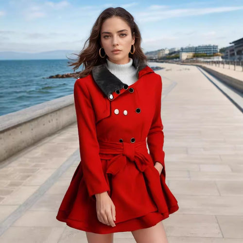 Damen eleganter Trenchcoat mit abnehmbarem Fellkragen und Taillengürtel EB