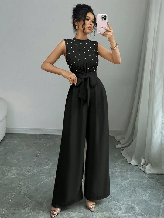 Damen Eleganter Jumpsuit mit Perlenbesatz, Stehkragen und weitem Palazzo-Bein EB