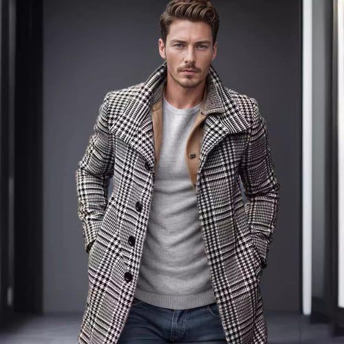 Herren eleganter Karomantel mit großflächigen Taschen und hohem Kragen EB