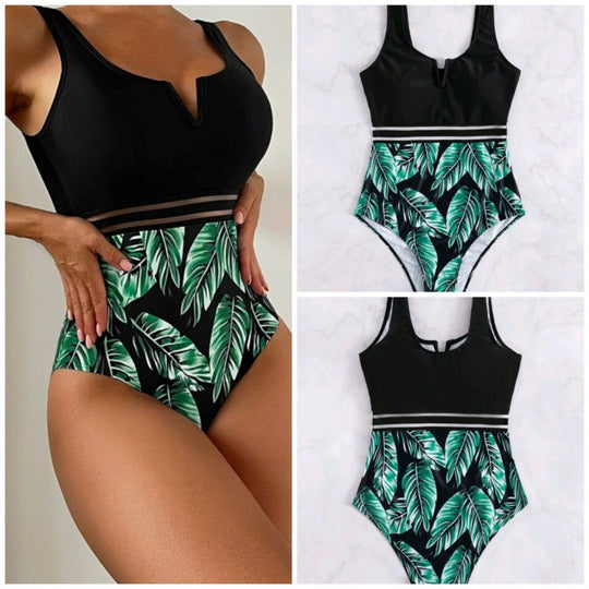 Damen Hochtaillierter Badeanzug mit V-Ausschnitt und Mesh-Details EB