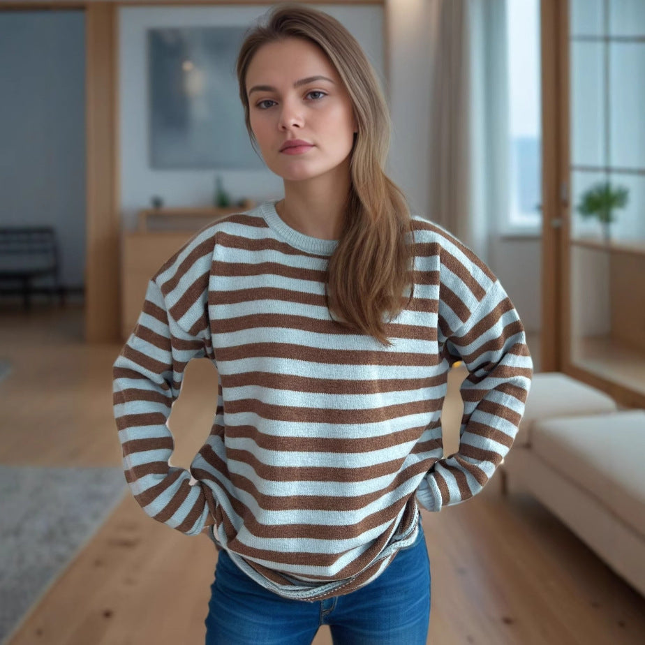 Damen lässiger Oversize-Pullover mit breiten Streifen EB