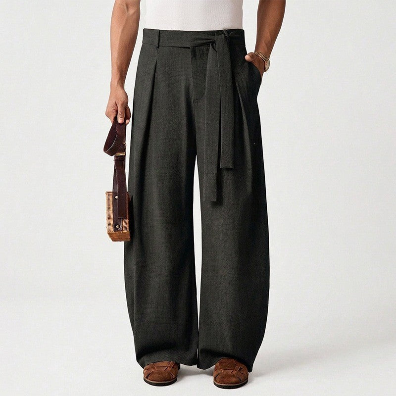 Herren nan weit geschnittene Leinenhose mit hoher Taille und Bindegürtel EB