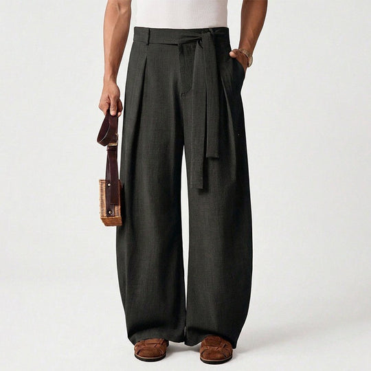 Herren nan weit geschnittene Leinenhose mit hoher Taille und Bindegürtel EB