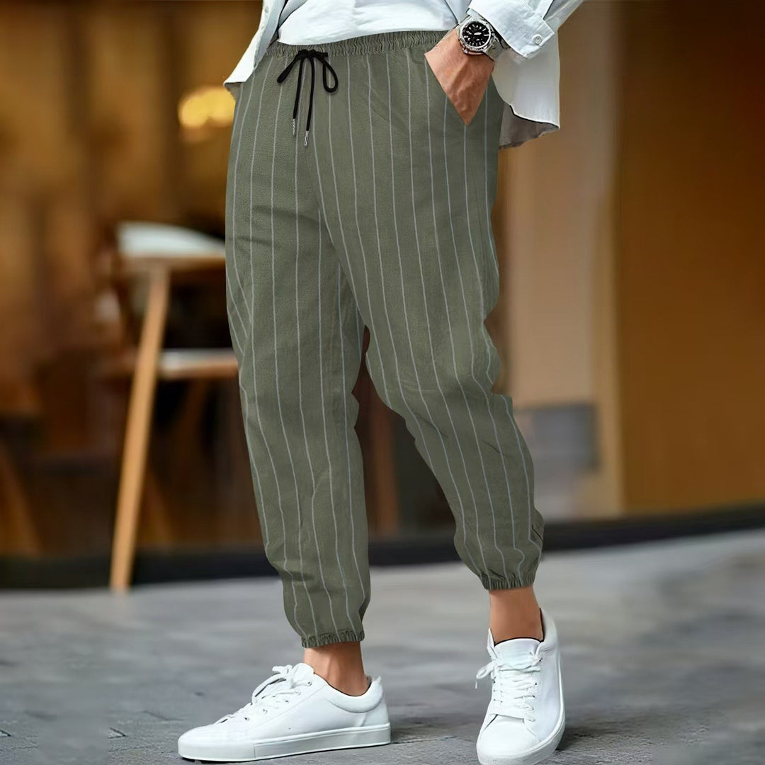Herren nan gestreifte Leinenoptik Jogginghose mit Tunnelzug elastischem Saum und Eingrifftaschen EB