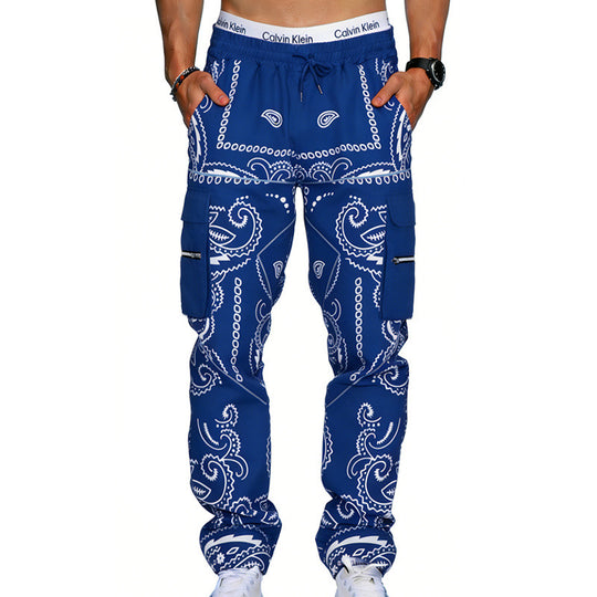 Herren Cargo-Hose mit Bandana-Print, elastischem Bund und Zipper-Taschen EB