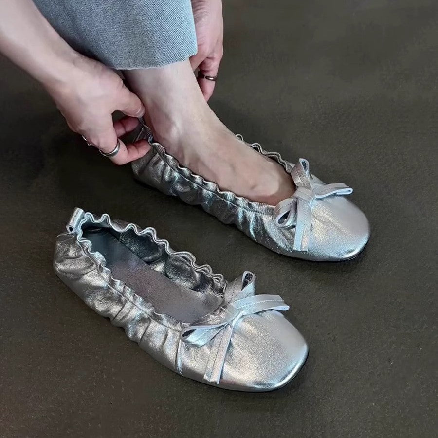Damen Ballerina-Schuhe mit gerafftem Design und verspieltem Schleifendetail EB