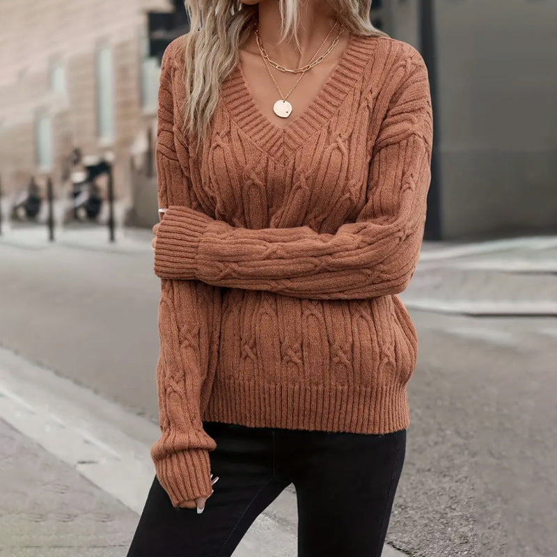 Damen Strickpullover mit V-Ausschnitt und Zopfmuster EB