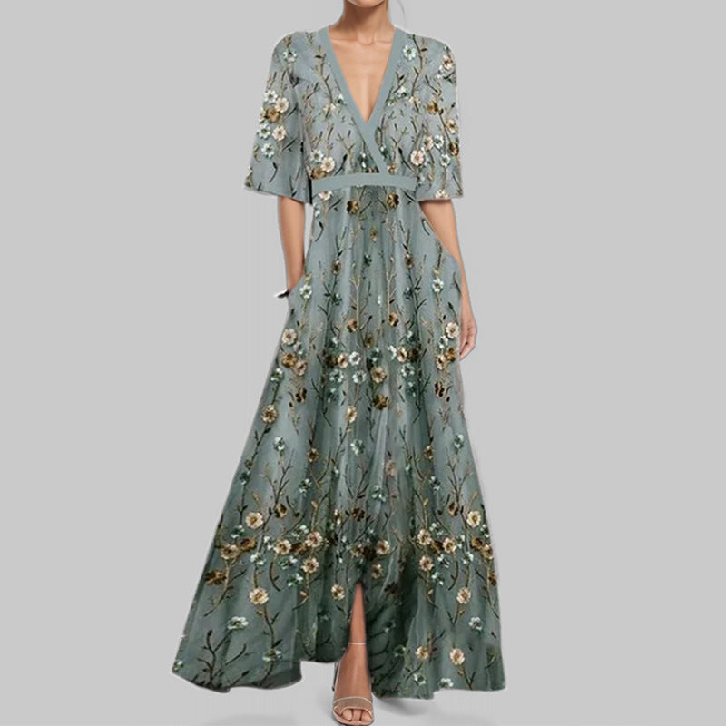 Damen Maxikleid mit Wickeloberteil, Taillengürtel und fließendem Satinrock EB