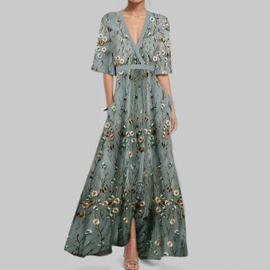 Damen Maxikleid mit Wickeloberteil, Taillengürtel und fließendem Satinrock EB