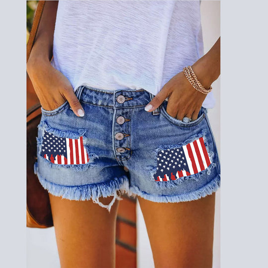 Damen Denim-Shorts mit Vintage-Fransen und patriotischen Applikationen EB