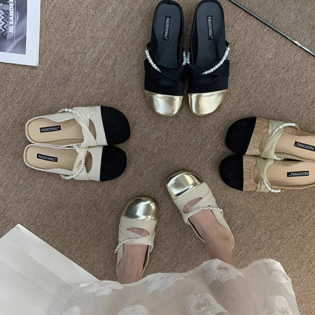 Damen Modische Ballerina-Pantoletten mit eleganter Perlenverzierung EB