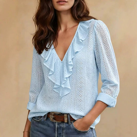 Damen nan luftige Ajourspitzenbluse mit V-Ausschnitt und Volant EB