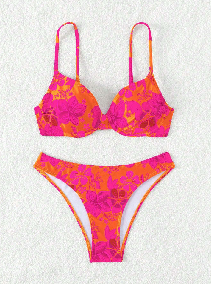 Damen gepolsterter Triangel-Bikini mit floralem Design und verstellbaren Trägern EB