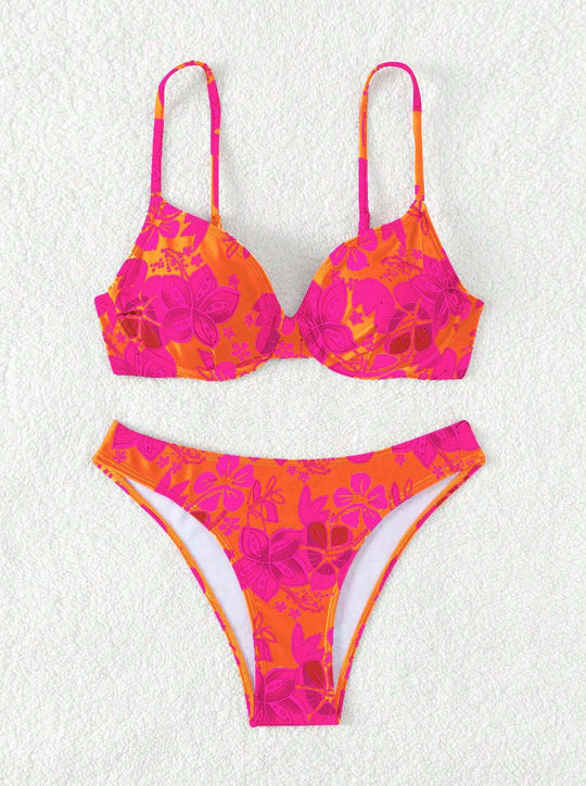 Damen gepolsterter Triangel-Bikini mit floralem Design und verstellbaren Trägern EB