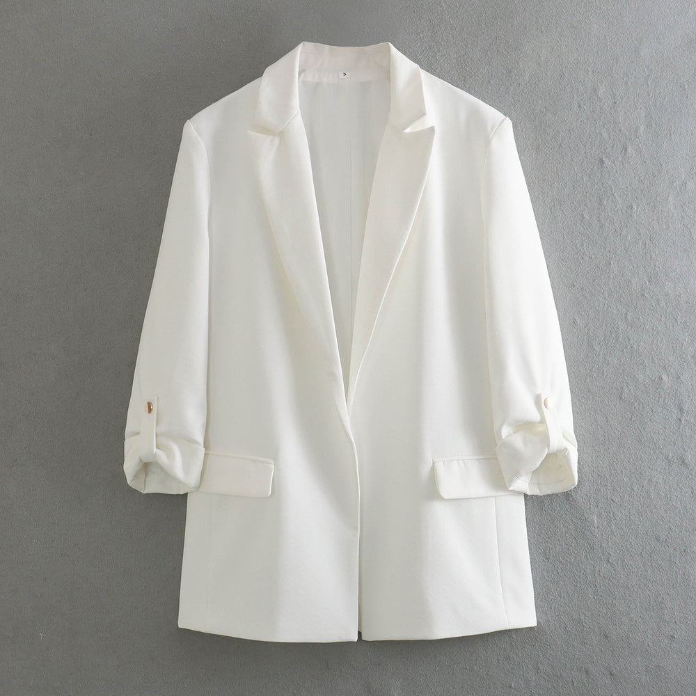 Damen elegante Blazerjacke mit strukturierten Ärmeln und dezenten Goldakzenten EB