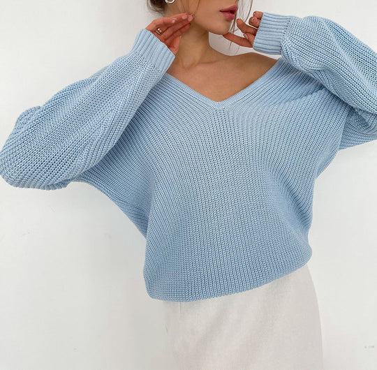 Damen eleganter V-Ausschnitt Pullover mit feiner Rippenstruktur und überschnittenen Schultern EB