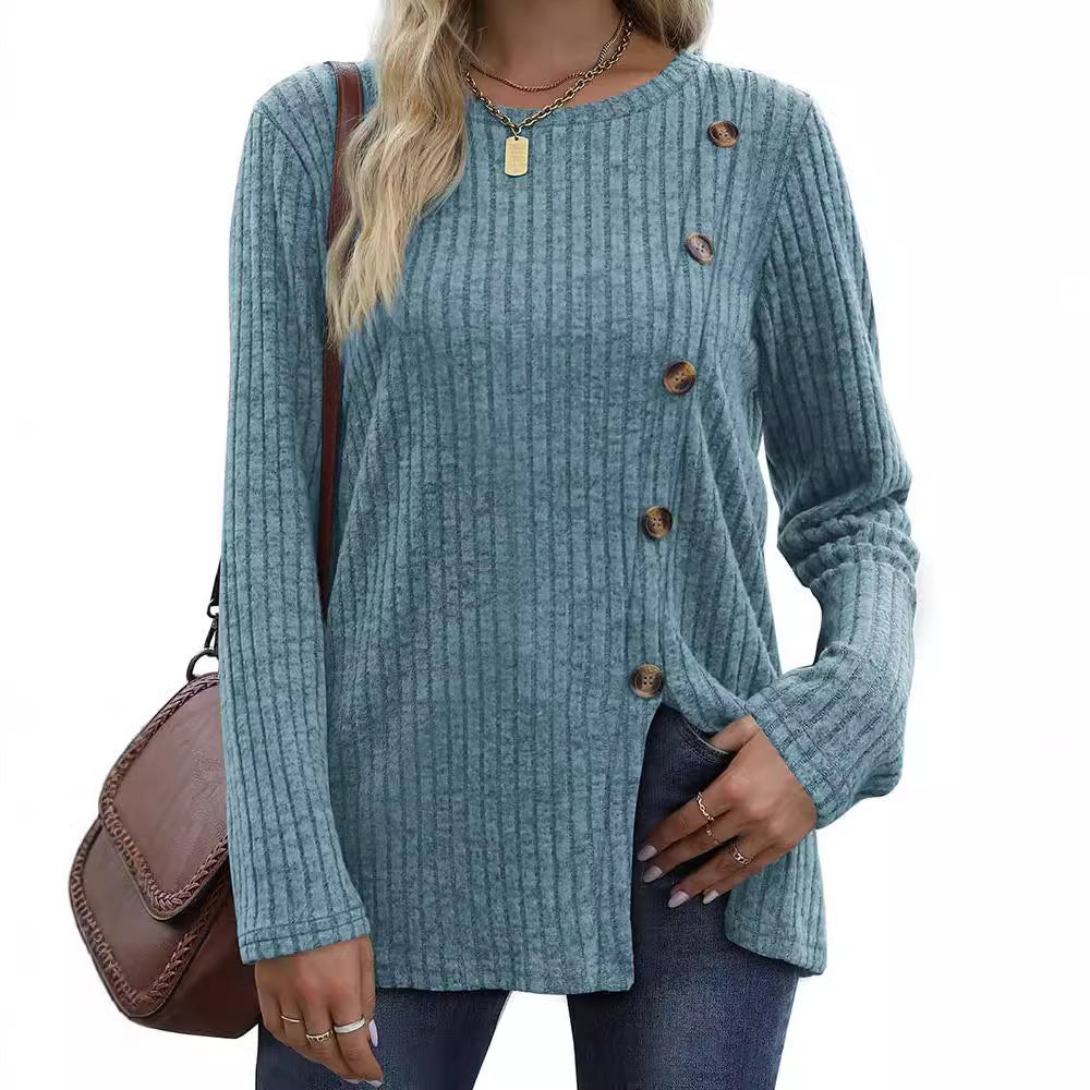 Damen Langärmliges Strickoberteil mit strukturierten Rippen und Knopfdetails EB